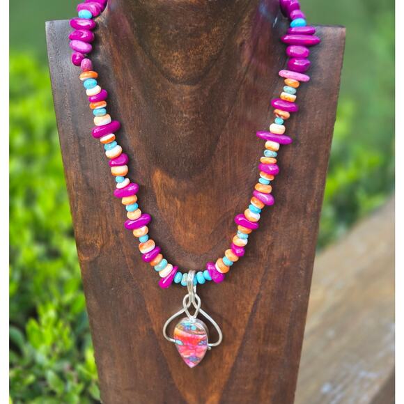 Artisan Turquoise Magnesite Spiny Oyster Necklace Sterling Silver 17β - Picture 11 of 13